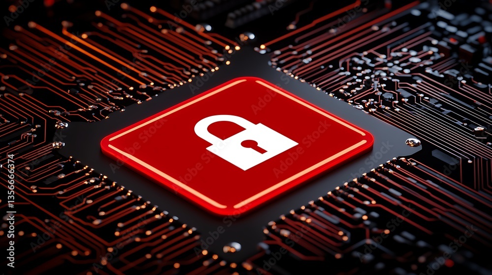 Poster secure digital lock icon on circuit board in red highlight with technological background elements
