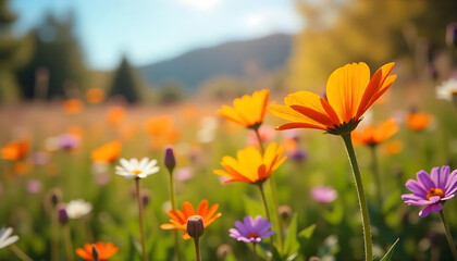 Obraz premium vibrant wildflower meadow with bright orange daisies and purple blossoms under a sunlit blue sky