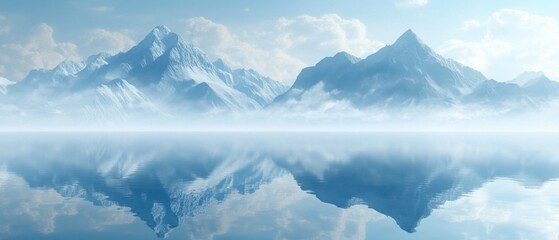 Fototapeta premium Serene mountain range reflected in tranquil lake under a soft blue sky creating a peaceful and majestic winter landscape with cold atmosphere