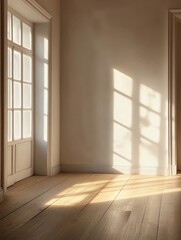 Fototapeta premium Interior scene with sunlight streaming through window onto wooden floor and white wall creating warm light and shadow in a room