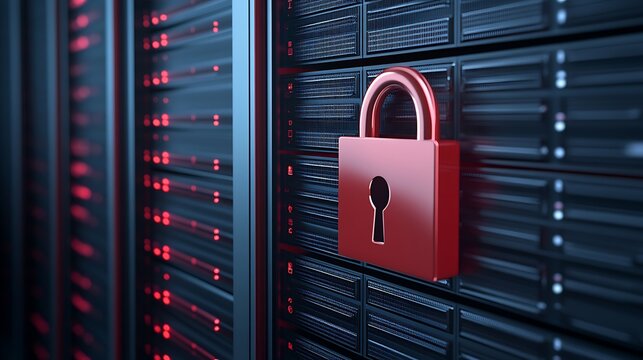 Secure Digital Data Storage with Lock Symbol on Server Rack Background in a Modern Technology Environment