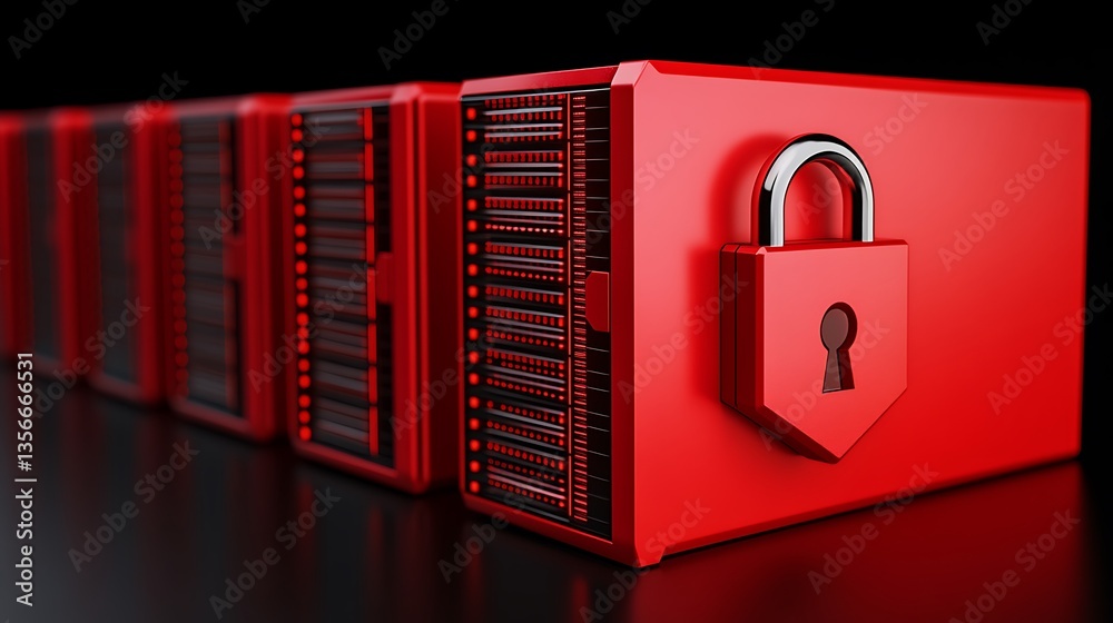 Poster secure red storage server with padlock symbolizing data protection and cybersecurity in technology e
