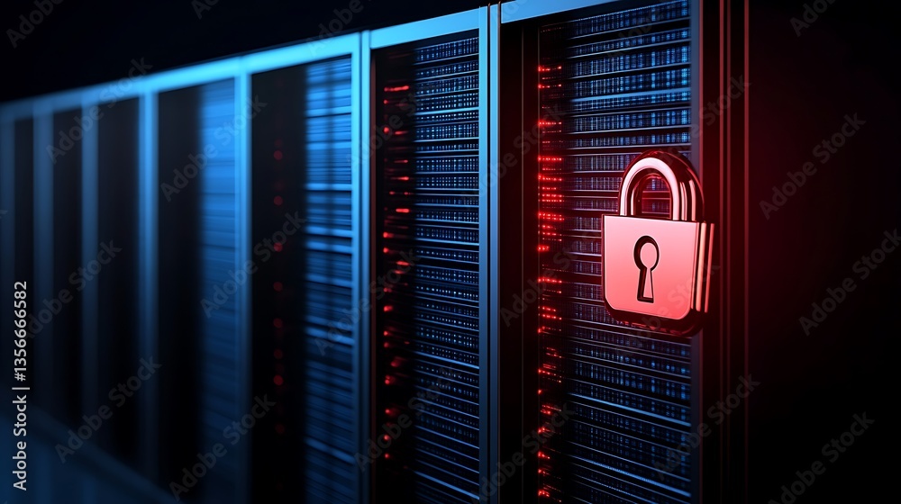 Poster secure server room with lock symbol representing data protection and cybersecurity concepts