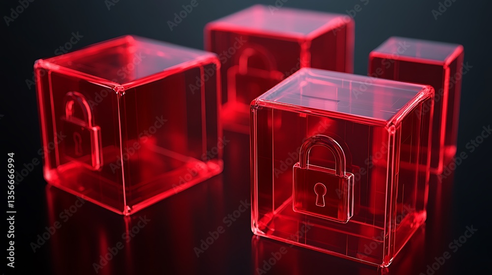 Poster transparent red security cubes with padlock symbol representing privacy and data protection concepts
