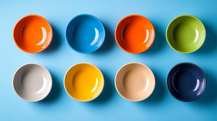 Aerial shot of eight colorful ceramic bowls arranged in two rows on a light blue background