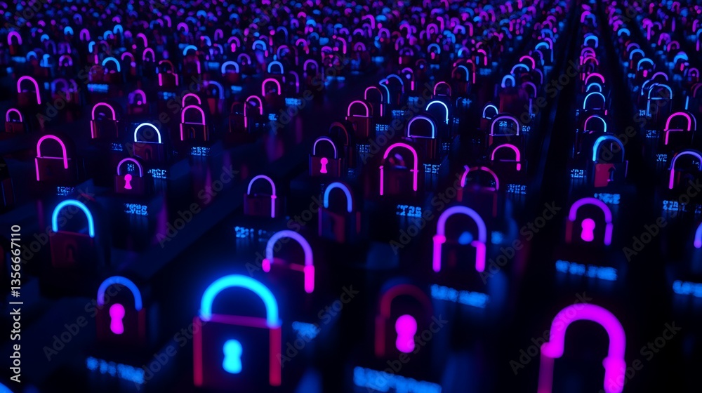 Wall mural vibrant neon locks representing digital security in a high-tech environment with data protection the
