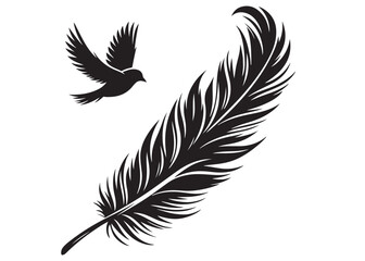 vector silhouette of a feather with flying bird logo, feather with flying bird logo icon, feather with bird logo design black animal, black feather with flying bird silhouettes on white background
