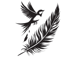 vector silhouette of a feather with flying bird logo, feather with flying bird logo icon, feather with bird logo design black animal, black feather with flying bird silhouettes on white background