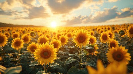 Fototapeta premium Sunlit Sunflower Field at Golden Sunset (1)