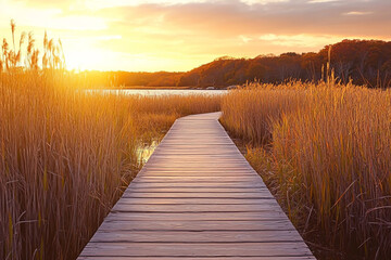 Obraz premium A wooden boardwalk leading to the water's edge, surrounded by tall reeds and autumn foliage at sunset.
