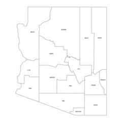 Arizona, AZ - detailed political map of US state. Administrative map divided into counties. Thin black outline map with county name labels. Vector illustration