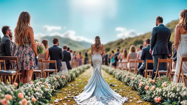 Bride in elegant backless mermaid gown walking down petal covered aisle at outdoor mountain wedding ceremony. Guests stand amid wooden chairs with floral decorations of peach roses and white flowers