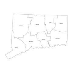 Fototapeta premium Connecticut, CT - detailed political map of US state. Administrative map divided into counties. Thin black outline map with county name labels. Vector illustration