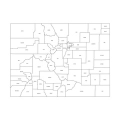 Colorado, CO - detailed political map of US state. Administrative map divided into counties. Thin black outline map with county name labels. Vector illustration