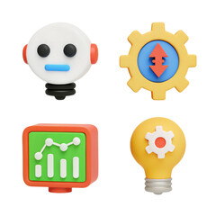 Colorful icons representing technology concepts, including a robot, gear, light bulb, and analytics graph.