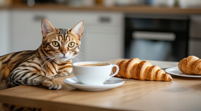 Cute Bengal Cat Sitting at Table with Coffee and Croissants in Modern Kitchen, High-Resolution Photo