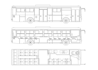 Isolated bus drawing. Outline passenger transport blueprint. Autobus linear seat map. Industrial scheme. Side and top view. Tourist vehicle interior © shaineast