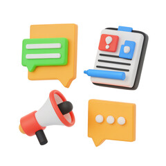 Fototapeta premium Colorful icons representing messaging and communication tools, including speech bubbles, a notepad, and a megaphone.
