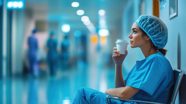 Female surgeon drinking coffee during hospital break time - Powered by Adobe
