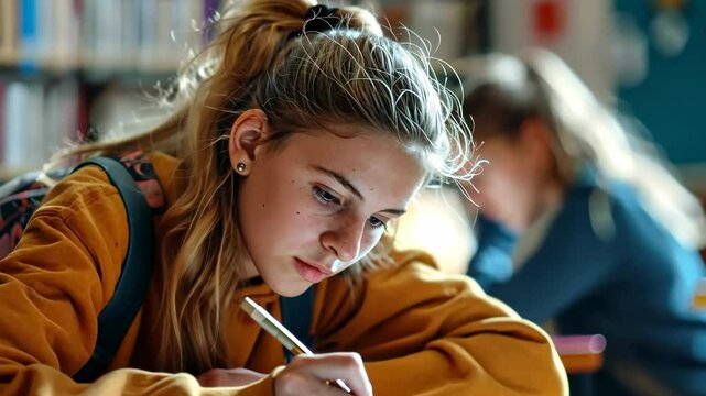 A focused student writes in a notebook, captured in a close-up angle. The video style emphasizes concentration and a studious atmosphere.