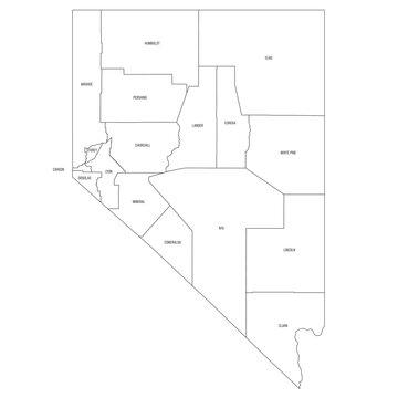 Nevada, NV - detailed political map of US state. Administrative map divided into counties. Thin black outline map with county name labels. Vector illustration