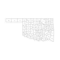 Oklahoma, OK - detailed political map of US state. Administrative map divided into counties. Thin black outline map with county name labels. Vector illustration