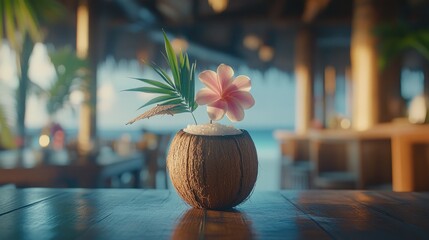 Tropical cocktail garnish in coconut shell