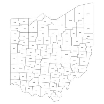 Ohio, OH - detailed political map of US state. Administrative map divided into counties. Thin black outline map with county name labels. Vector illustration