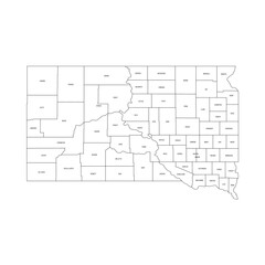 Obraz premium South Dakota, SD - detailed political map of US state. Administrative map divided into counties. Thin black outline map with county name labels. Vector illustration