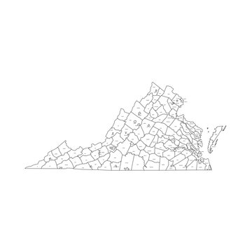 Virginia, VA - detailed political map of US state. Administrative map divided into counties. Thin black outline map with county name labels. Vector illustration