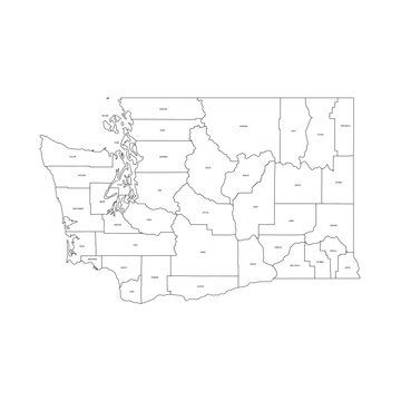 Washington, WA - detailed political map of US state. Administrative map divided into counties. Thin black outline map with county name labels. Vector illustration