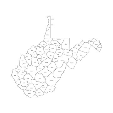 West Virginia, WV - detailed political map of US state. Administrative map divided into counties. Thin black outline map with county name labels. Vector illustration