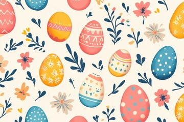 Colorful easter eggs and flowers creating a seamless pattern