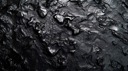 Close-up of dark, glossy, textured surface with uneven, glossy puddles.