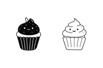 Cute Cartoon Cupcakes Black, White, Dessert, Sweet Treats, Bakery