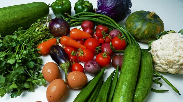 Assorted Fresh Vegetables and Eggs on White Surface, A colorful assortment of fresh vegetables and eggs on a white surface