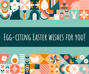 Wesołych Świąt Wielkanocnych - kolorowa mozaika z królikiem, jajkami i kwiatami. Wzór na kartki świąteczne, banery reklamowe lub grafiki do social media. © Monika