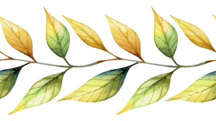 Colorful watercolor leaves in autumn shades arranged in a decorative pattern on a white background highlighting nature's beauty