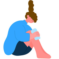 woman applying an ice pack to her knee while seated, pain relief and recovery flat vector illustration