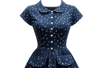 Obraz premium A Navy Blue Starlit Summer Dress, Perfect For A Whimsical Picnic Or A Dreamy Evening Dance, Boasting A Charming Peter Pan Collar And Practical Pockets Isolated on Transparent Background