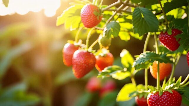 Ripe strawberries - Fresh strawberries glisten in the warm sunlight as they ripen on the vine
