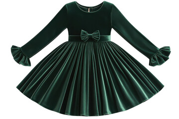 A Regal Emerald Velvet Dress, Perfect For A Little Princess Attending A Holiday Party, Featuring Pleated Skirt, Long Sleeves With Ruffled Cuffs, And A Charming Velvet Bow Isolated on Transparent Backg