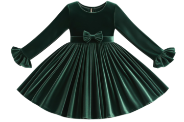 A Regal Emerald Velvet Dress, Perfect For A Little Princess Attending A Holiday Party, Featuring Pleated Skirt, Long Sleeves With Ruffled Cuffs, And A Charming Velvet Bow Isolated on Transparent Backg