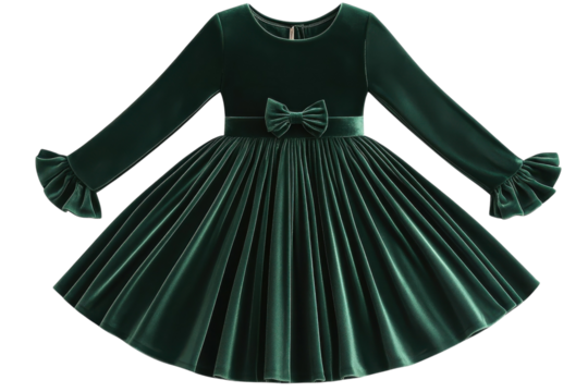 A Regal Emerald Velvet Dress, Perfect For A Little Princess Attending A Holiday Party, Featuring Pleated Skirt, Long Sleeves With Ruffled Cuffs, And A Charming Velvet Bow Isolated on Transparent Backg