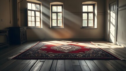 Fototapeta premium An empty room with a vibrant rug illuminated by soft sunlight streaming through the windows. 