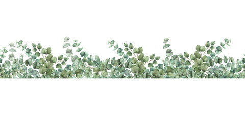 Watercolor Eucalyptus seamless border Greenery pattern with silver dollar green branches hand drawn botanical illustration for church, baptism, wedding fabric, wrapping paper isolated from background 