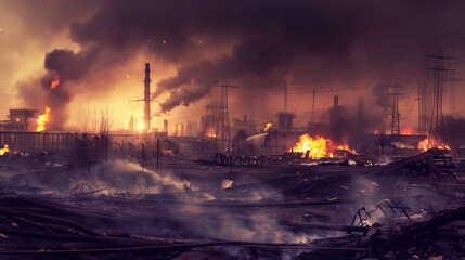 Burning building engulfed in fierce flames and dense smoke under the night sky with distant firefighters in a dramatic chaotic scene