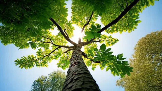 Autumnal Forest - Majestic Tree Branches Reaching for Sunlight, Bottom View of Acer Pseudoplatanus symbolizing Nature's Beauty, Tranquil Atmosphere, Outdoor Serenity, ycamore Maple Tree Trunk with Sun