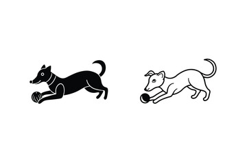 Two stylized dogs playing with balls, black and white silhouettes, canine, playful, pets, animals, g