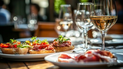 A tantalizing spread of tapas including cured meats and fresh vegetables takes center stage on a rustic wooden table while elegant glasses hold refreshing white wine under a warm sun